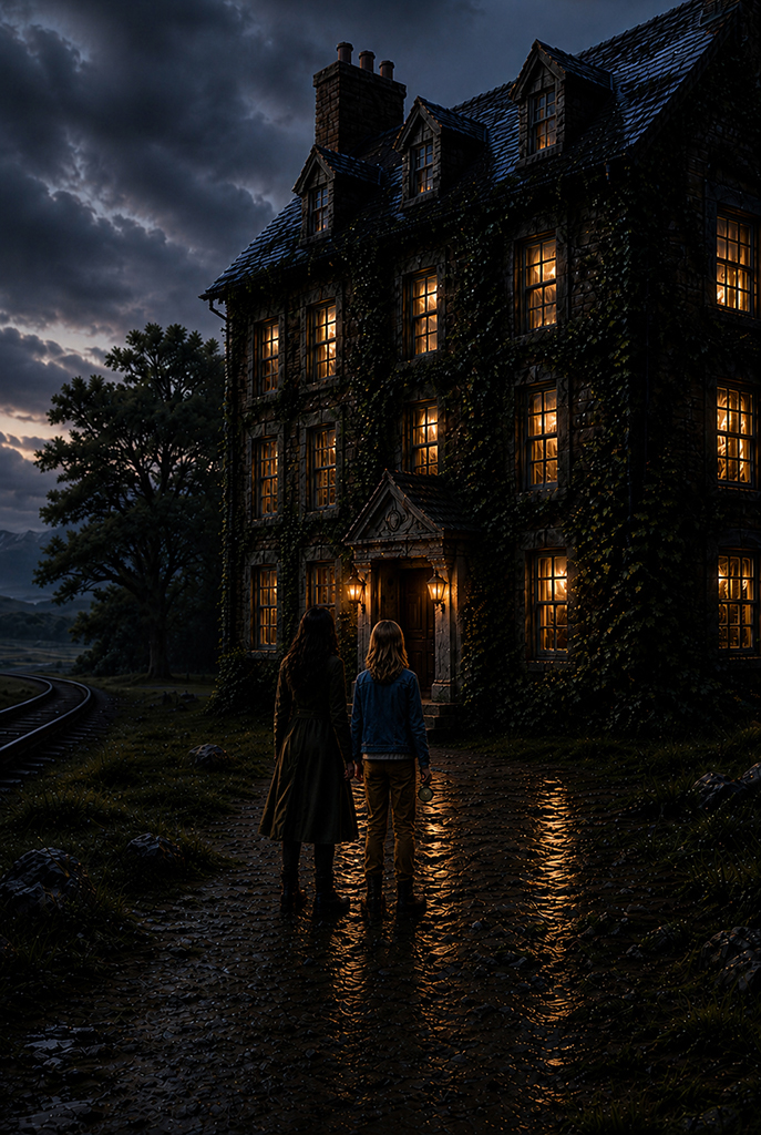 Two friends approach the Highland Stormwatch Hotel at dusk